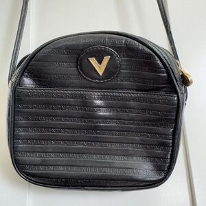 Valentino Embossed Black Crossbody Bag with Gold Accent